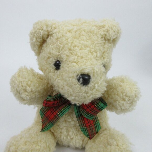 Sasco Teddy Bear Stuffed Animal Ivory Cream Plush Toy Red & Green Plaid Ribbon - Picture 6 of 6